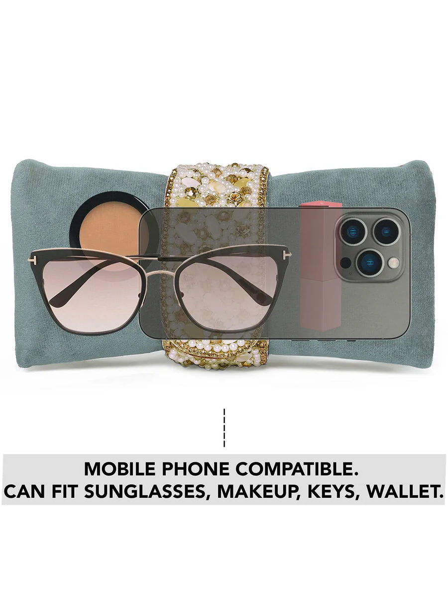 Grey clutch bag named Clutch Bags Crafted for Elegance, featuring pearl detailing and soft fabric texture | Peora
