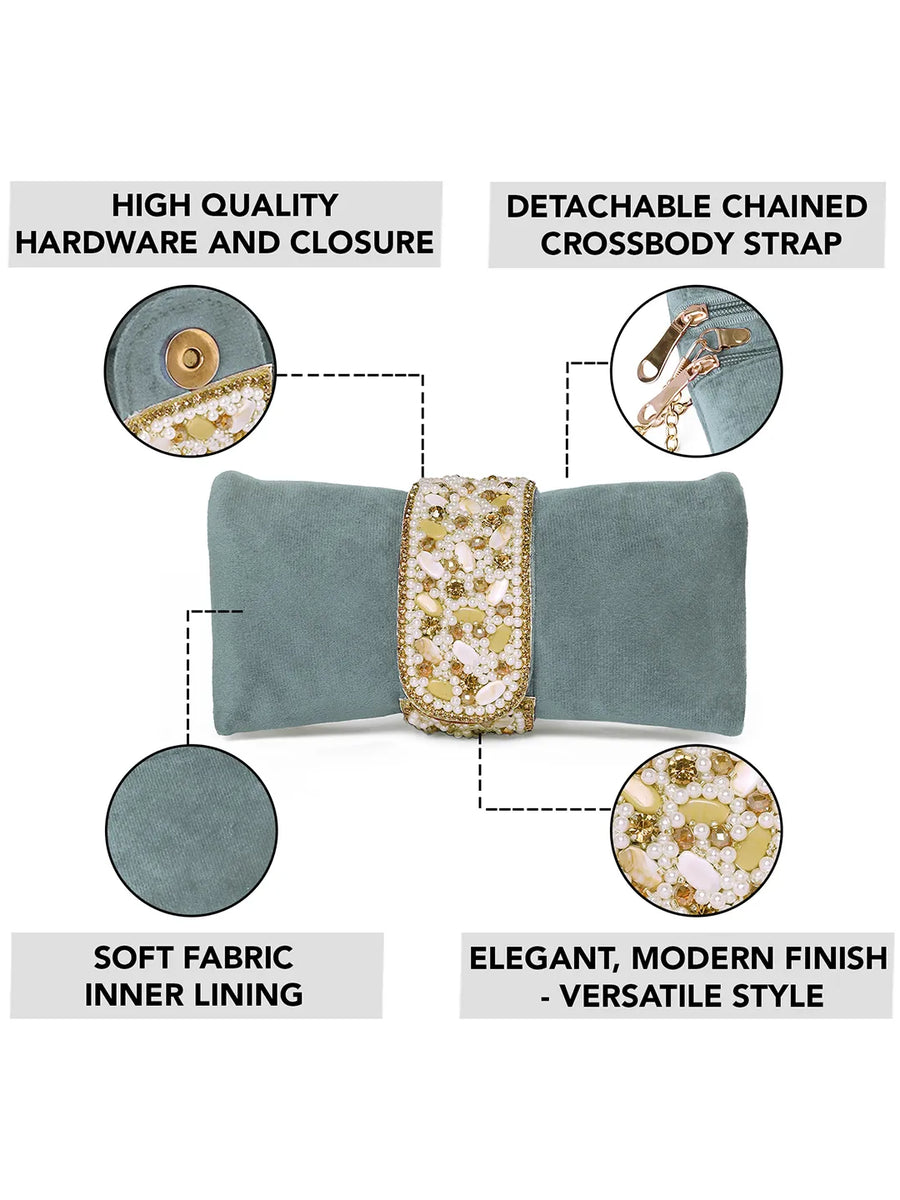 Grey clutch bag named Clutch Bags Crafted for Elegance, featuring pearl detailing and soft fabric texture | Peora
