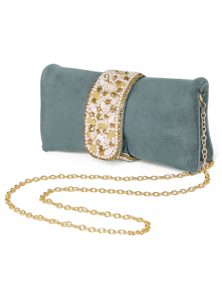Grey clutch bag named Clutch Bags Crafted for Elegance, featuring pearl detailing and soft fabric texture | Peora
