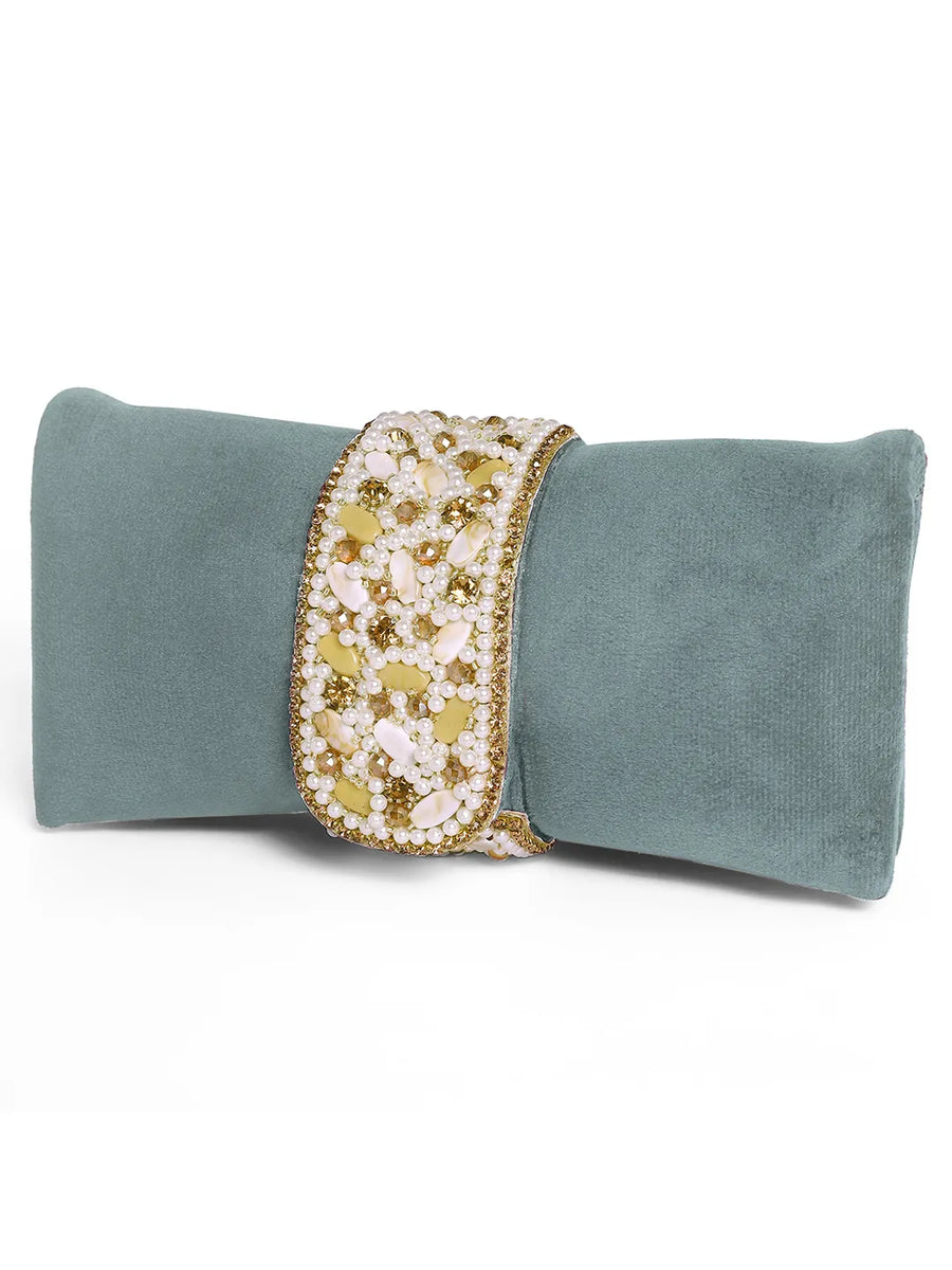 Grey clutch bag named Clutch Bags Crafted for Elegance, featuring pearl detailing and soft fabric texture | Peora
