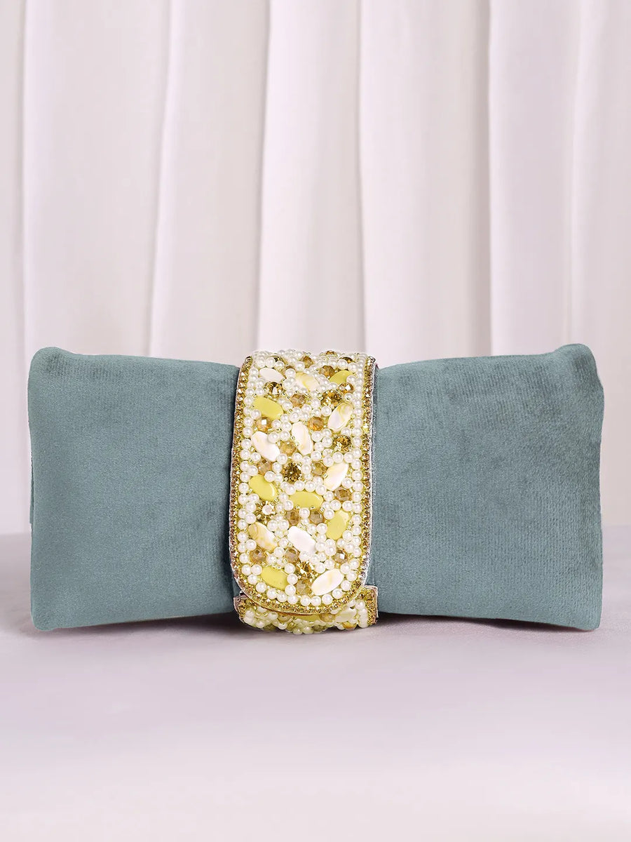 Grey clutch bag named Clutch Bags Crafted for Elegance, featuring pearl detailing and soft fabric texture | Peora
