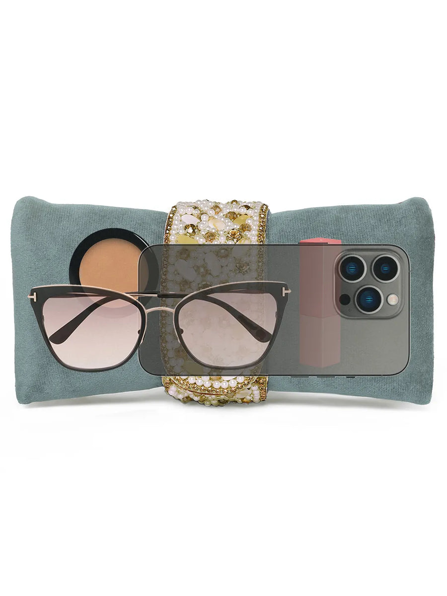 Grey clutch bag named Clutch Bags Crafted for Elegance, featuring pearl detailing and soft fabric texture | Peora
