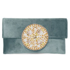 Grey clutch bag named Velvet Midnight Aura Flap Clutch, featuring artificial beads detailing and soft fabric texture | Peora
