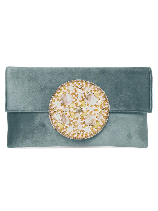 Grey clutch bag named Velvet Midnight Aura Flap Clutch, featuring artificial beads detailing and soft fabric texture | Peora
