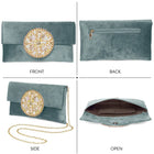 Grey clutch bag named Velvet Midnight Aura Flap Clutch, featuring artificial beads detailing and soft fabric texture | Peora
