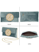 Grey clutch bag named Velvet Midnight Aura Flap Clutch, featuring artificial beads detailing and soft fabric texture | Peora
