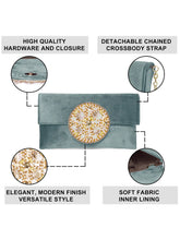 Grey clutch bag named Velvet Midnight Aura Flap Clutch, featuring artificial beads detailing and soft fabric texture | Peora
