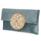 Grey clutch bag named Velvet Midnight Aura Flap Clutch, featuring artificial beads detailing and soft fabric texture | Peora
