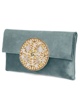 Grey clutch bag named Velvet Midnight Aura Flap Clutch, featuring artificial beads detailing and soft fabric texture | Peora
