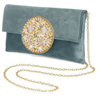 Grey clutch bag named Velvet Midnight Aura Flap Clutch, featuring artificial beads detailing and soft fabric texture | Peora
