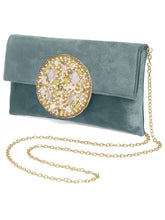 Grey clutch bag named Velvet Midnight Aura Flap Clutch, featuring artificial beads detailing and soft fabric texture | Peora
