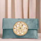Grey clutch bag named Velvet Midnight Aura Flap Clutch, featuring artificial beads detailing and soft fabric texture | Peora
