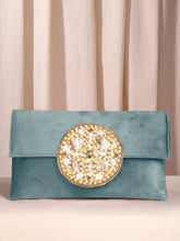 Grey clutch bag named Velvet Midnight Aura Flap Clutch, featuring artificial beads detailing and soft fabric texture | Peora
