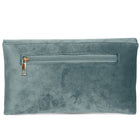 Grey clutch bag named Velvet Midnight Aura Flap Clutch, featuring artificial beads detailing and soft fabric texture | Peora
