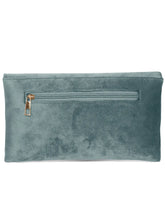 Grey clutch bag named Velvet Midnight Aura Flap Clutch, featuring artificial beads detailing and soft fabric texture | Peora
