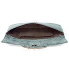 Grey clutch bag named Velvet Midnight Aura Flap Clutch, featuring artificial beads detailing and soft fabric texture | Peora
