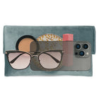 Grey clutch bag named Velvet Midnight Aura Flap Clutch, featuring artificial beads detailing and soft fabric texture | Peora
