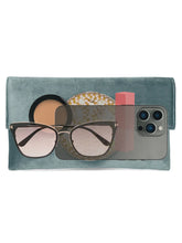 Grey clutch bag named Velvet Midnight Aura Flap Clutch, featuring artificial beads detailing and soft fabric texture | Peora
