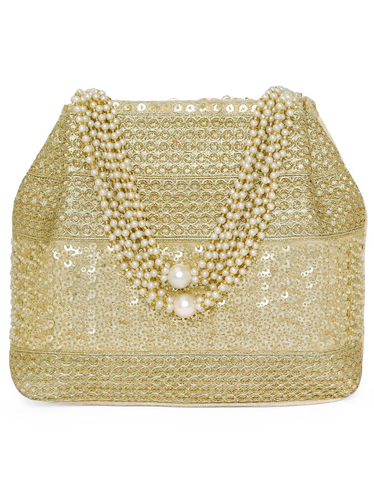 Gold potli bag named Traditional Zari Sequins Potli Bag, featuring artificial beads detailing and soft fabric texture | Peora
