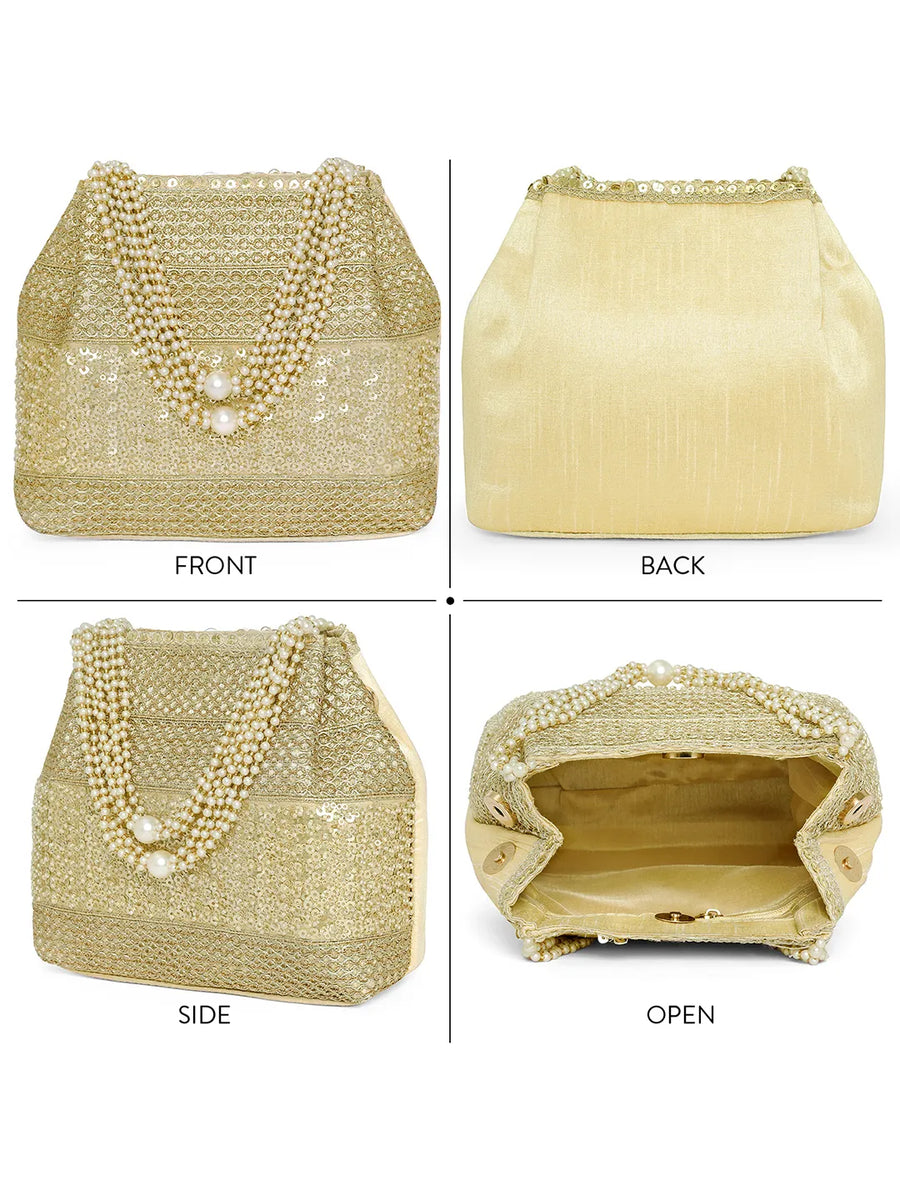 Gold potli bag named Traditional Zari Sequins Potli Bag, featuring artificial beads detailing and soft fabric texture | Peora
