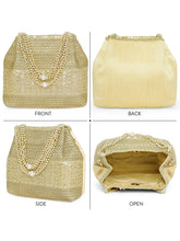 Gold potli bag named Traditional Zari Sequins Potli Bag, featuring artificial beads detailing and soft fabric texture | Peora
