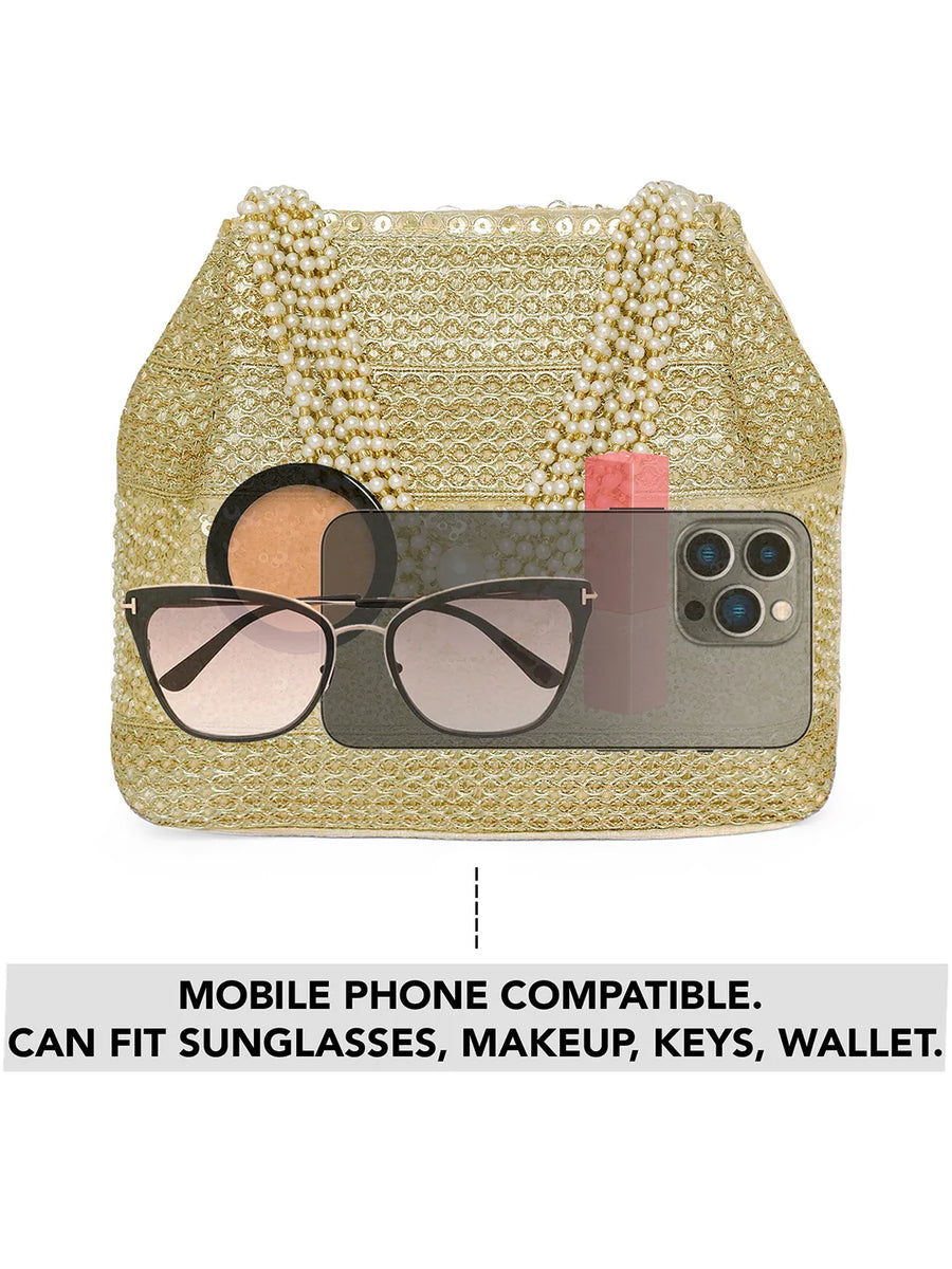 Gold potli bag named Traditional Zari Sequins Potli Bag, featuring artificial beads detailing and soft fabric texture | Peora
