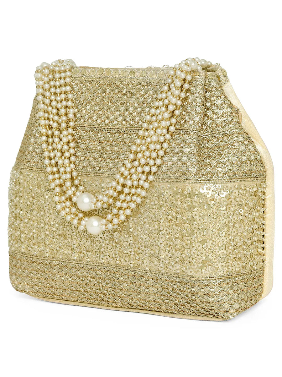 Gold potli bag named Traditional Zari Sequins Potli Bag, featuring artificial beads detailing and soft fabric texture | Peora

