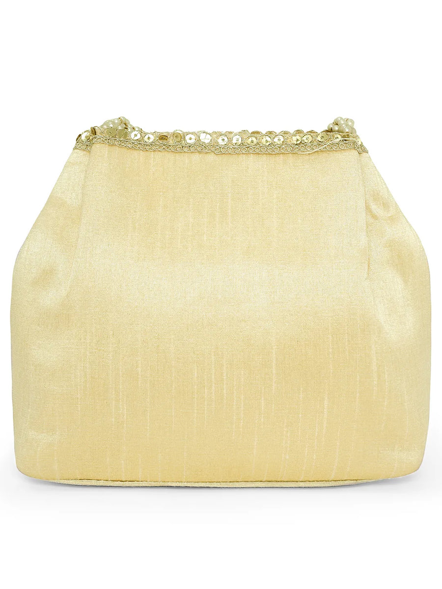 Gold potli bag named Traditional Zari Sequins Potli Bag, featuring artificial beads detailing and soft fabric texture | Peora
