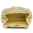 Gold potli bag named Traditional Zari Sequins Potli Bag, featuring artificial beads detailing and soft fabric texture | Peora
