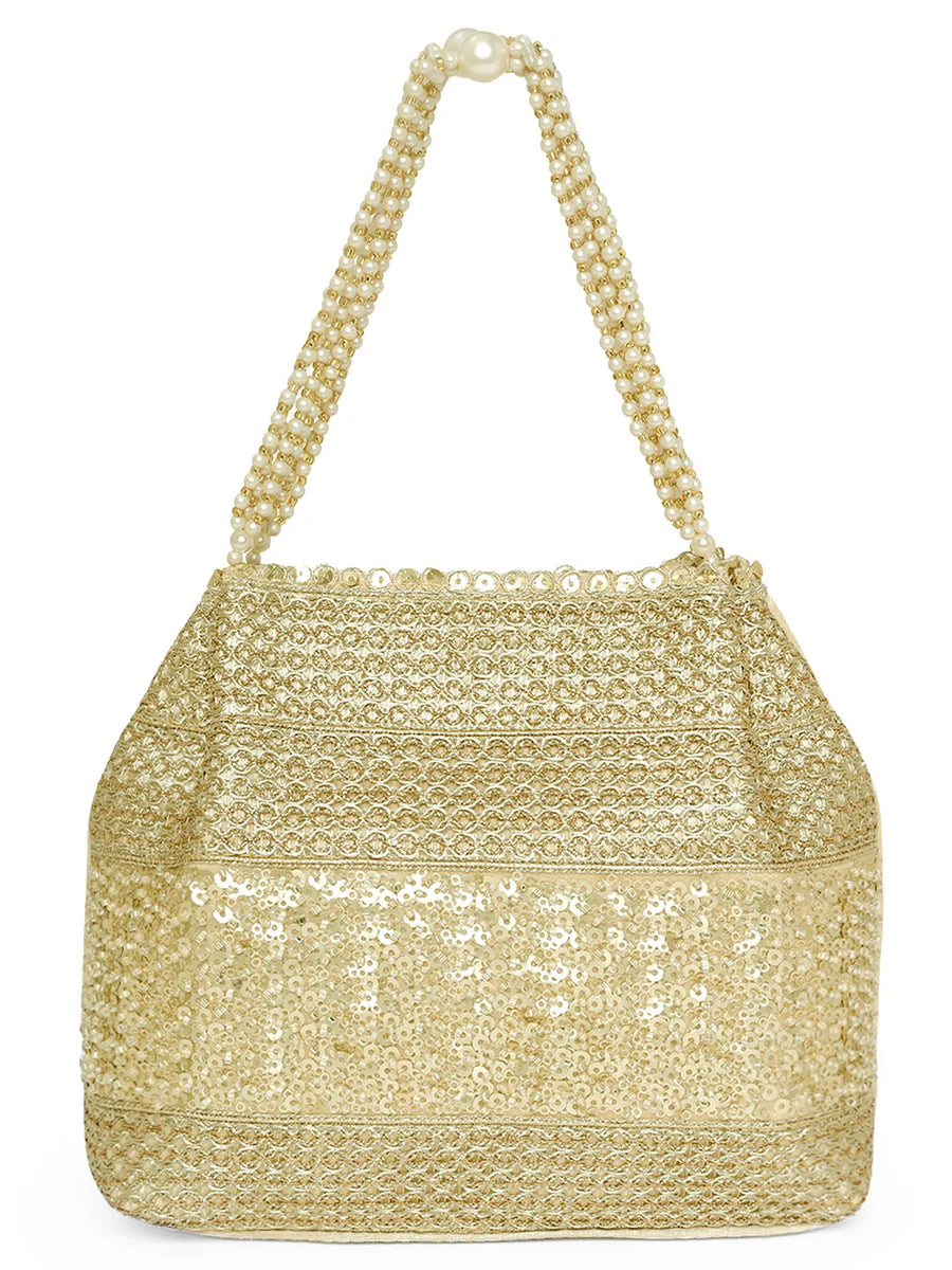 Gold potli bag named Traditional Zari Sequins Potli Bag, featuring artificial beads detailing and soft fabric texture | Peora
