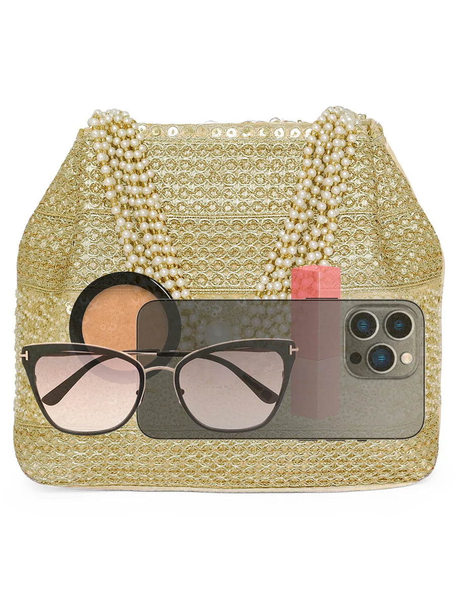 Gold potli bag named Traditional Zari Sequins Potli Bag, featuring artificial beads detailing and soft fabric texture | Peora
