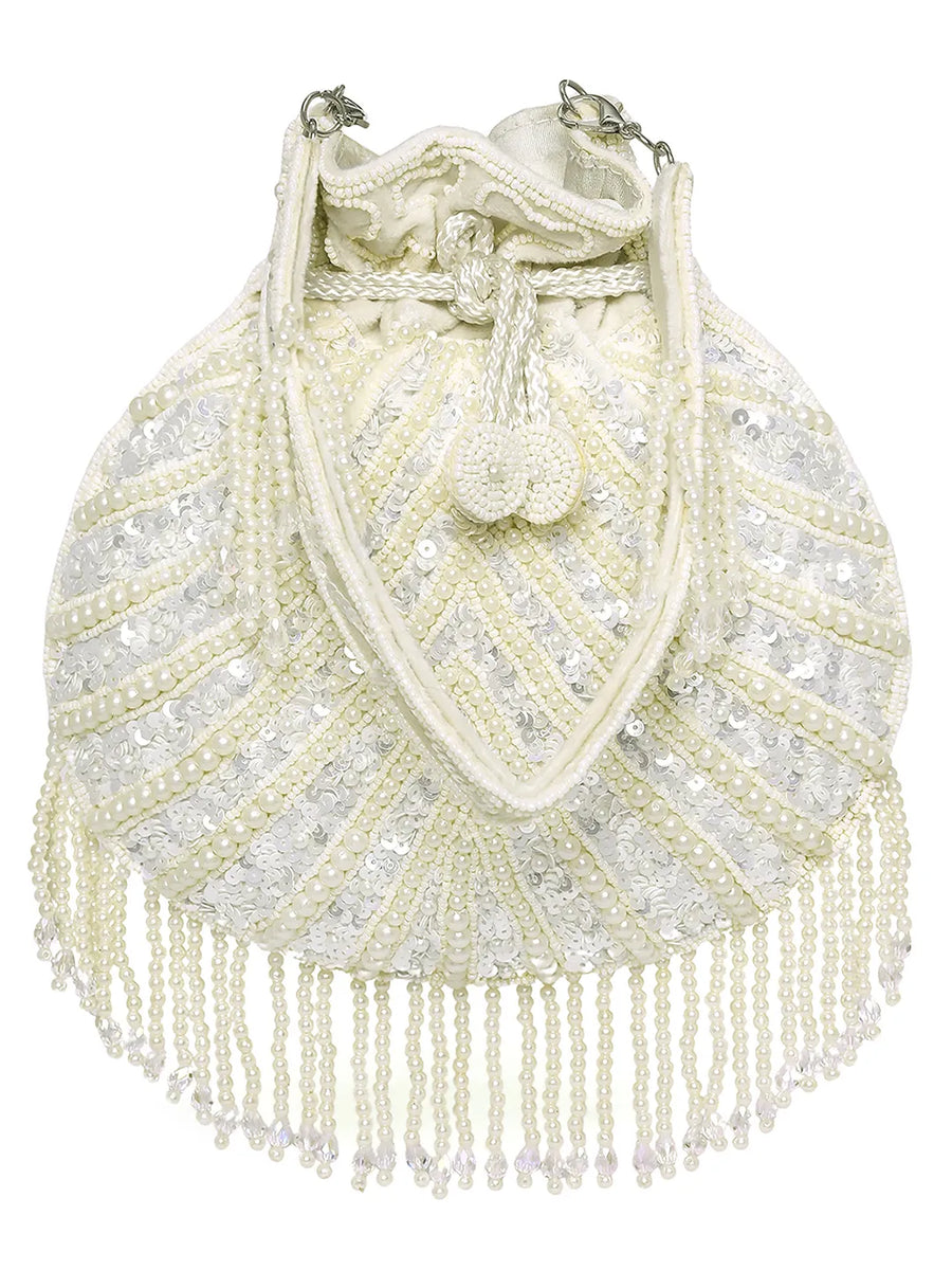 White potli bag named Handcrafted Pearl Potli Styles, featuring pearl detailing and soft fabric texture | Peora
