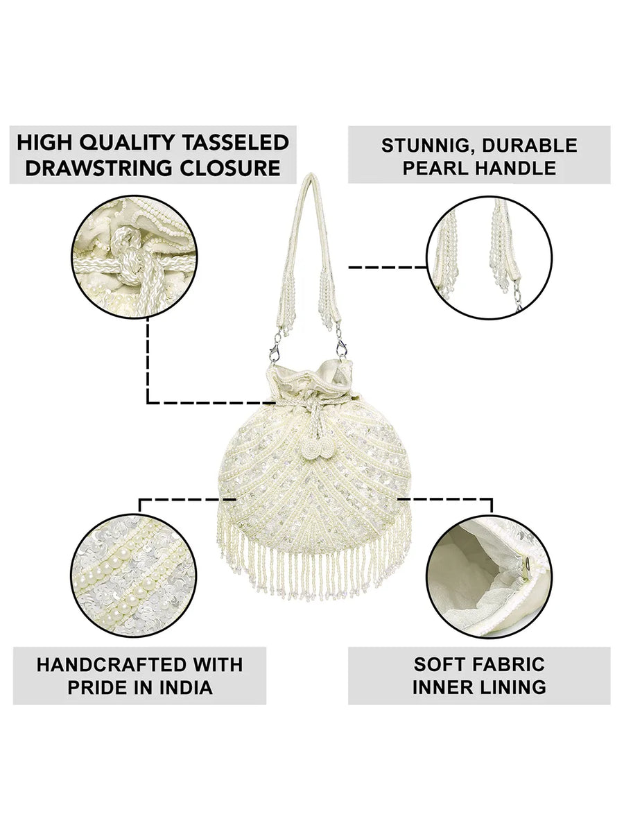 White potli bag named Handcrafted Pearl Potli Styles, featuring pearl detailing and soft fabric texture | Peora
