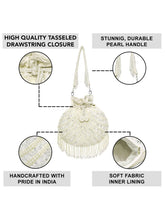 White potli bag named Handcrafted Pearl Potli Styles, featuring pearl detailing and soft fabric texture | Peora
