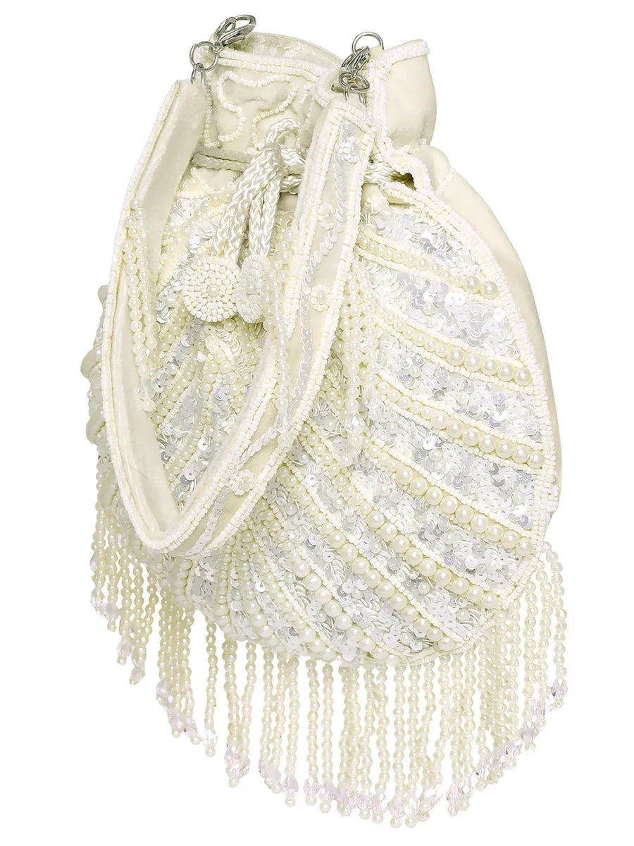 White potli bag named Handcrafted Pearl Potli Styles, featuring pearl detailing and soft fabric texture | Peora
