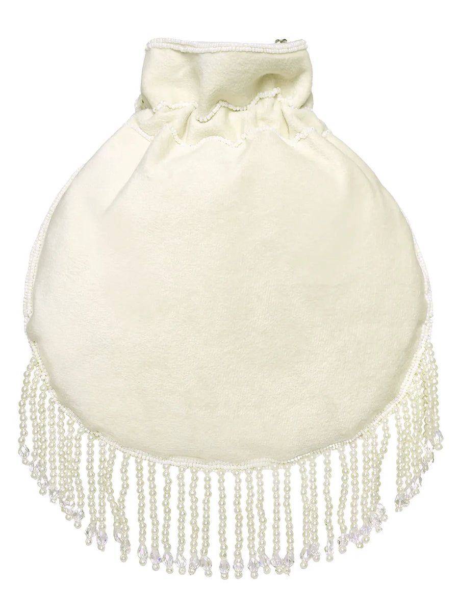 White potli bag named Handcrafted Pearl Potli Styles, featuring pearl detailing and soft fabric texture | Peora
