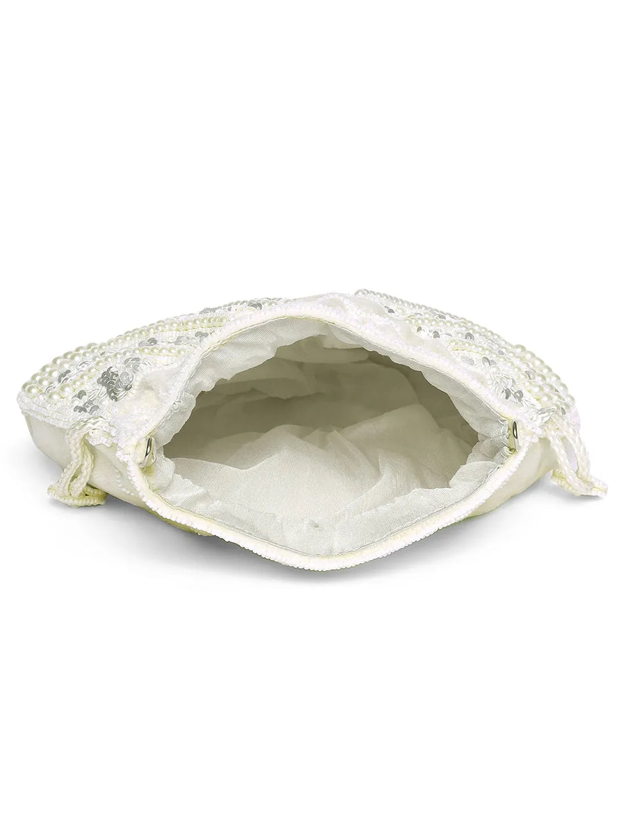 White potli bag named Handcrafted Pearl Potli Styles, featuring pearl detailing and soft fabric texture | Peora
