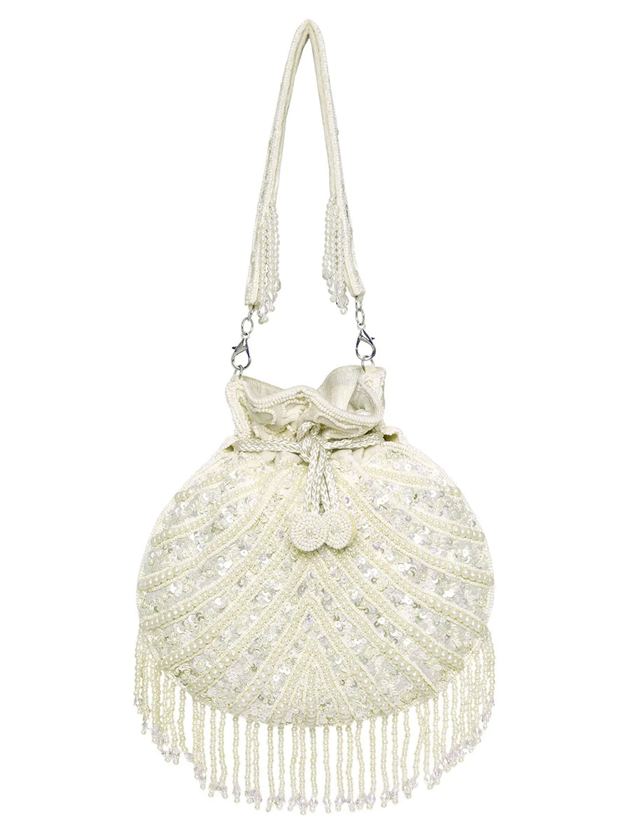 White potli bag named Handcrafted Pearl Potli Styles, featuring pearl detailing and soft fabric texture | Peora

