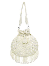 White potli bag named Handcrafted Pearl Potli Styles, featuring pearl detailing and soft fabric texture | Peora
