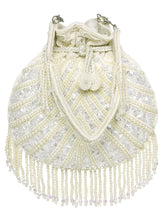 White potli bag named Handcrafted Pearl Potli Styles, featuring pearl detailing and soft fabric texture | Peora
