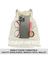 White potli bag named Handcrafted Pearl Potli Styles, featuring pearl detailing and soft fabric texture | Peora
