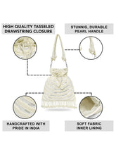 White potli bag named Handcrafted Pearl Potli Styles, featuring pearl detailing and soft fabric texture | Peora
