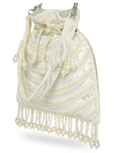 White potli bag named Handcrafted Pearl Potli Styles, featuring pearl detailing and soft fabric texture | Peora
