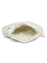 White potli bag named Handcrafted Pearl Potli Styles, featuring pearl detailing and soft fabric texture | Peora
