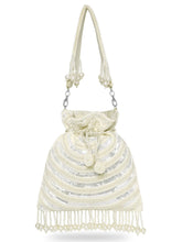 White potli bag named Handcrafted Pearl Potli Styles, featuring pearl detailing and soft fabric texture | Peora
