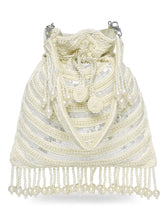 White potli bag named Handcrafted Pearl Potli Styles, featuring pearl detailing and soft fabric texture | Peora
