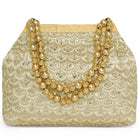 Gold potli bag named Handmade Zari Sequin Potli Bag, featuring artificial beads detailing and soft fabric texture | Peora
