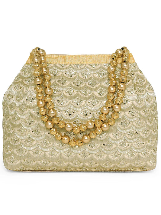 Gold potli bag named Handmade Zari Sequin Potli Bag, featuring artificial beads detailing and soft fabric texture | Peora

