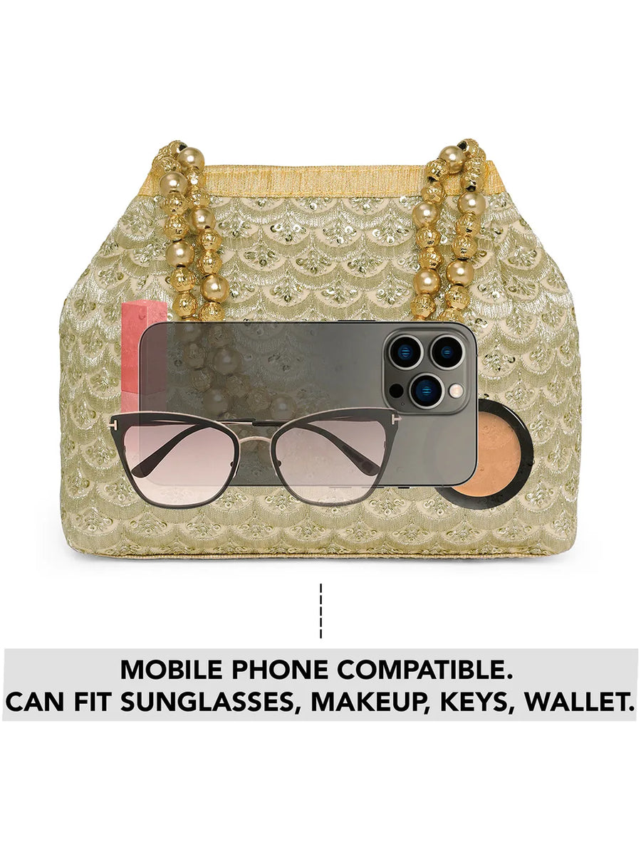 Gold potli bag named Handmade Zari Sequin Potli Bag, featuring artificial beads detailing and soft fabric texture | Peora
