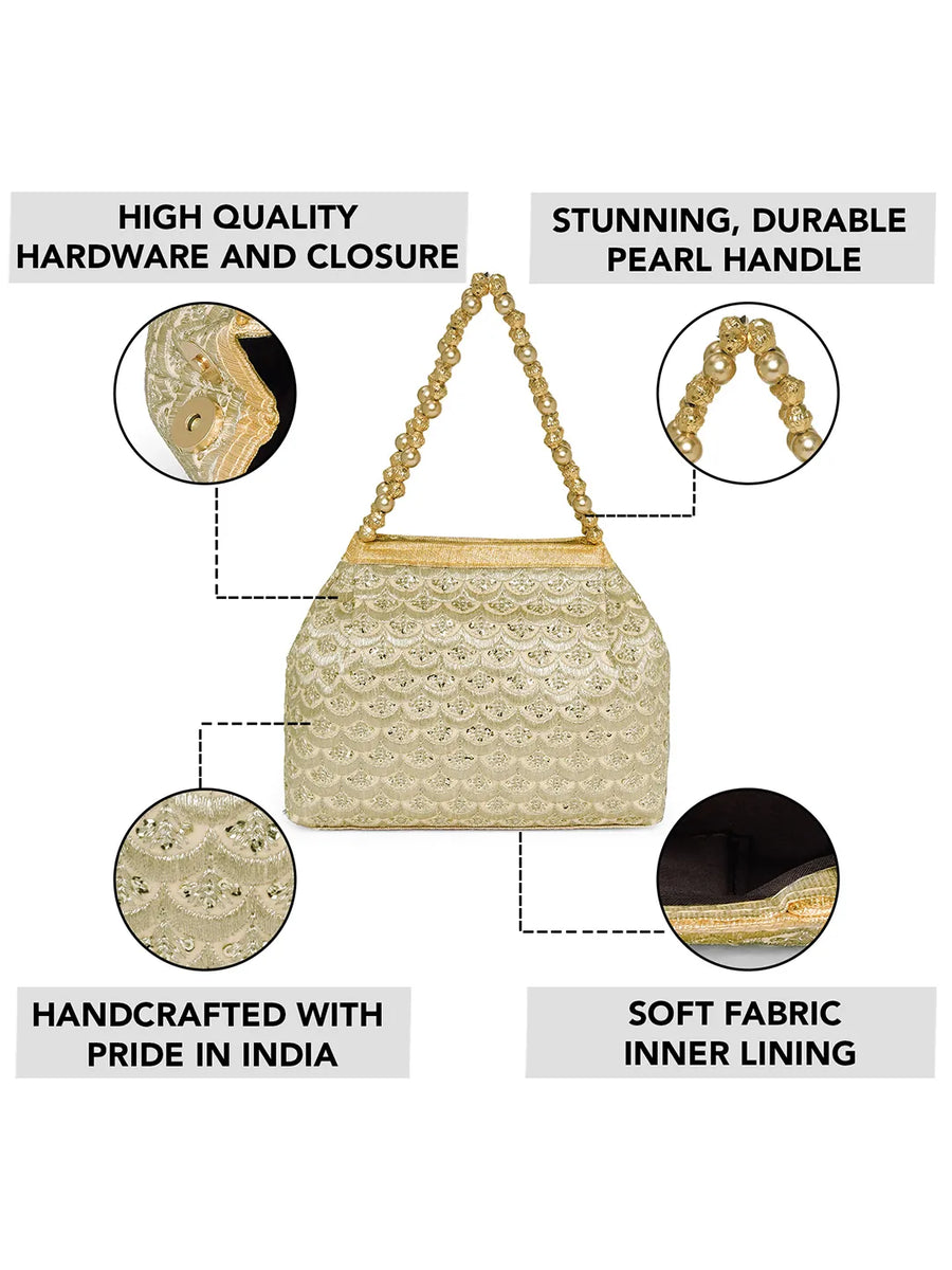 Gold potli bag named Handmade Zari Sequin Potli Bag, featuring artificial beads detailing and soft fabric texture | Peora
